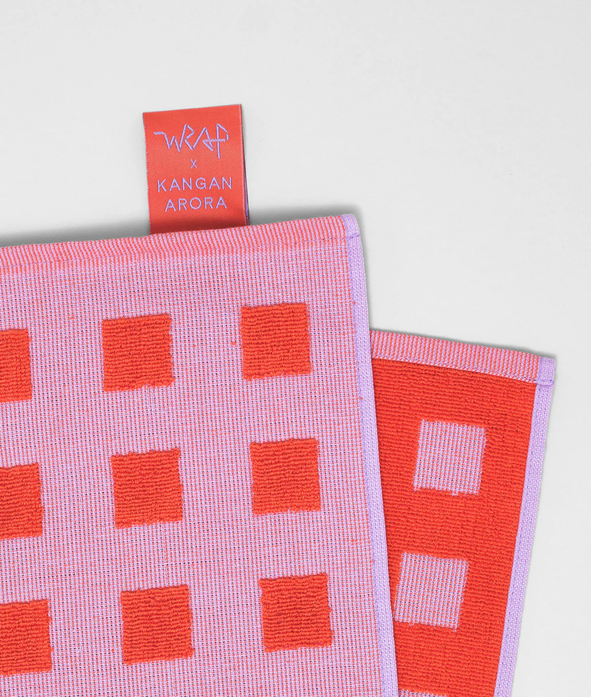Squares Lilac/Warm Red Cotton Tea Towel - Image 3