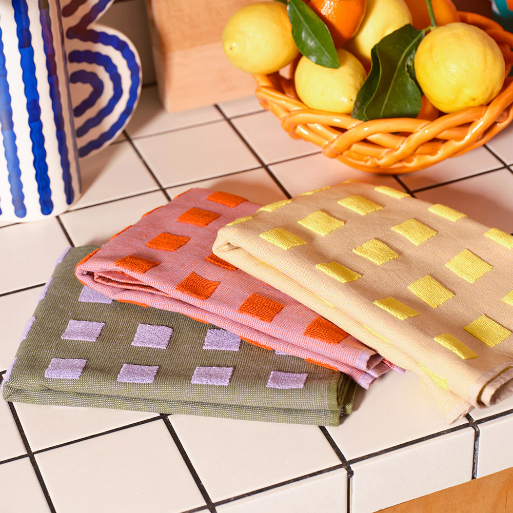 Squares Olive/Lilac Cotton Tea Towel - Image 7