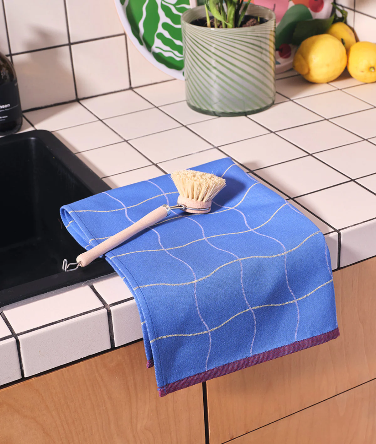 Wave Grid Blue Cotton Tea Towel - Image 4